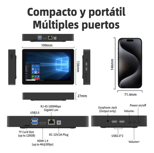 Mini Pc Pantalla Tactil,mini Cpu Portátil,intel N4200,4+64gb,8-inch Pantalla IPS,1280 x 800(720P),4K@30Hz