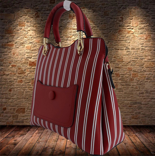 Imagen 3 de 7 de Bonita Bolsa De Mano Para Dama En Rojo Con Franjas Blancas