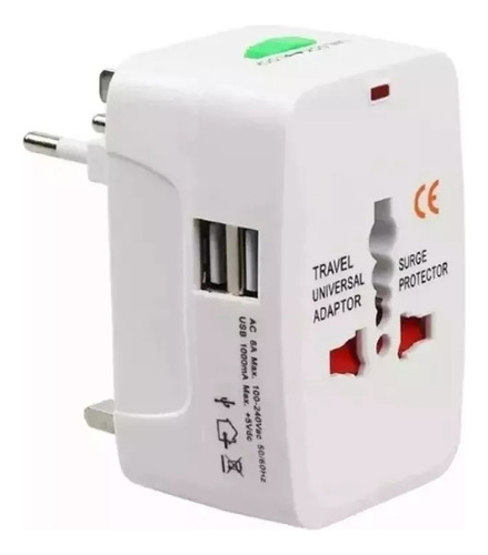 Adaptador Universal Para Viaje Con 2 Usb Color Blanco