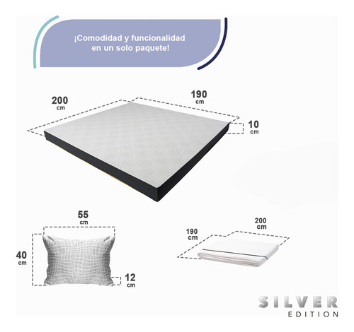Colchón King Size En Caja 10 Cm + Juego Sábanas Y Almohada Blanco Con Gris
