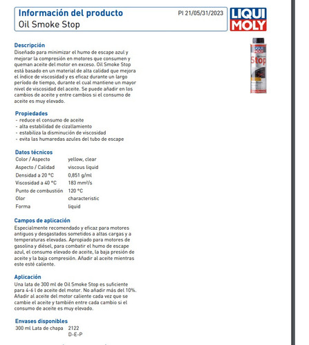 Aditivo Corta Humo Oil Mosle Stop 300 Ml Liqui Moly