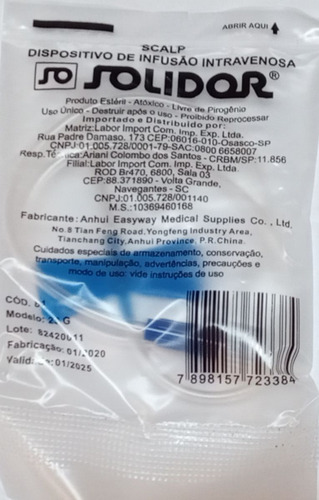 Scalp Infusão P/ Coleta De Sangue 23g Solidor C/ 100 Unid