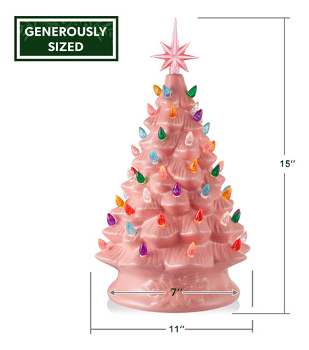 Árbol De Navidad De Cerámica Casafield Rosa De 38 Cm Con 128