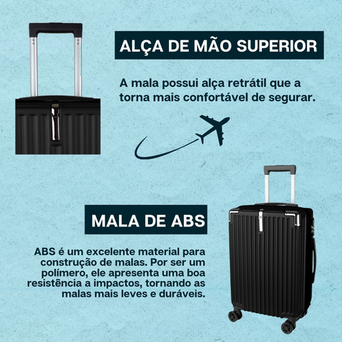Kit Conjunto 2 Malas De Viagem Bordo Abs Rígida 4 Rodas 360º World Onboard Preto Dkl323
