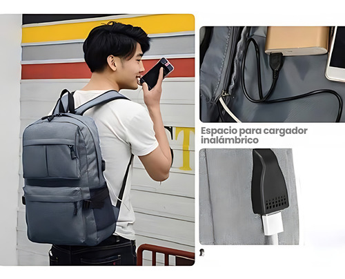 Mochila Porta Notebook Reforzada Urbana Usb Unisex Premium Color Gris Diseño de la tela Jaspeado