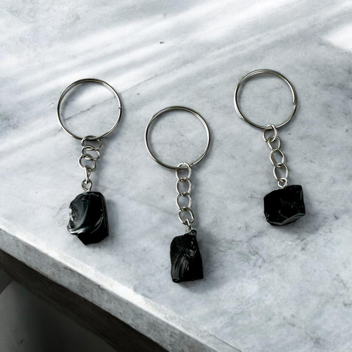 Chaveiro Obsidiana Negra Pedra Natural Proteção Prateado