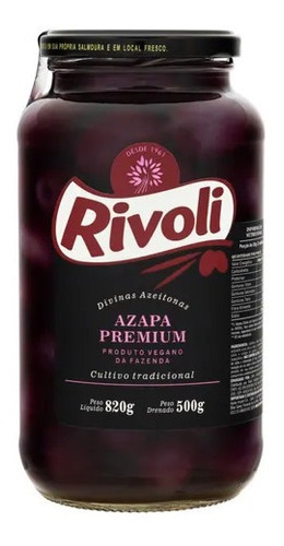 Azeitona Preta Azapa Premium Vegana Rivoli Vidro 500g