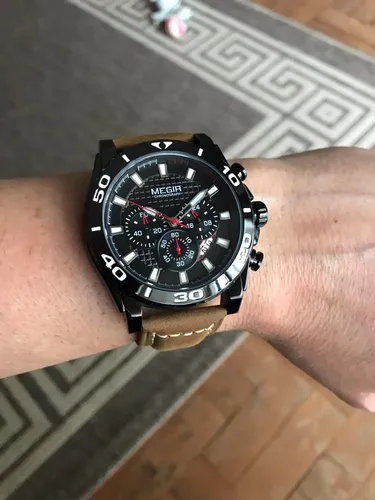 Reloj Hombre Megir Cuero Marron Cronografos + Caja
