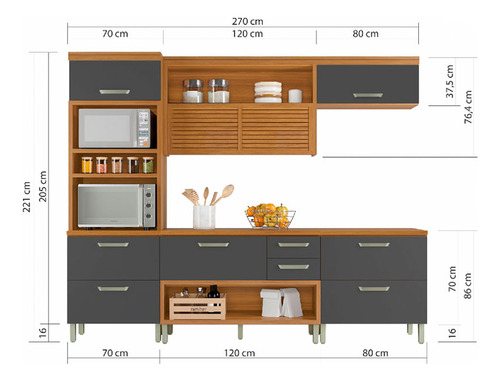 Cozinha Modulada 4 Peças Ripado Torre Quente Princesa Mdf Cor Freijo com Grafite