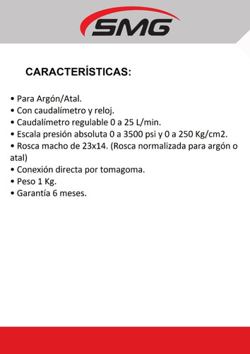 Imagen 6 de 8 de Valvula Reguladora Para Atal / Argon Con Caudalimetro Smg