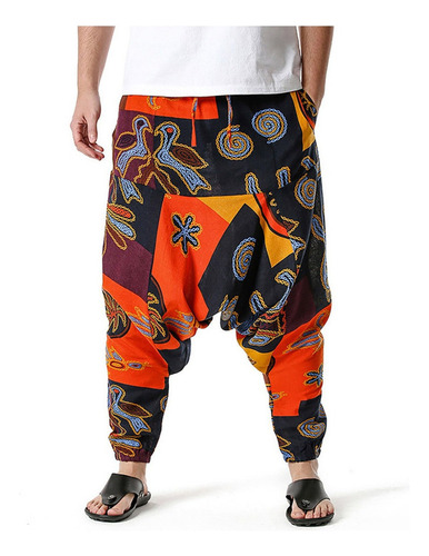 Pantalón Hombre Hippie Baggy Boho Pantalón Lino Cordón