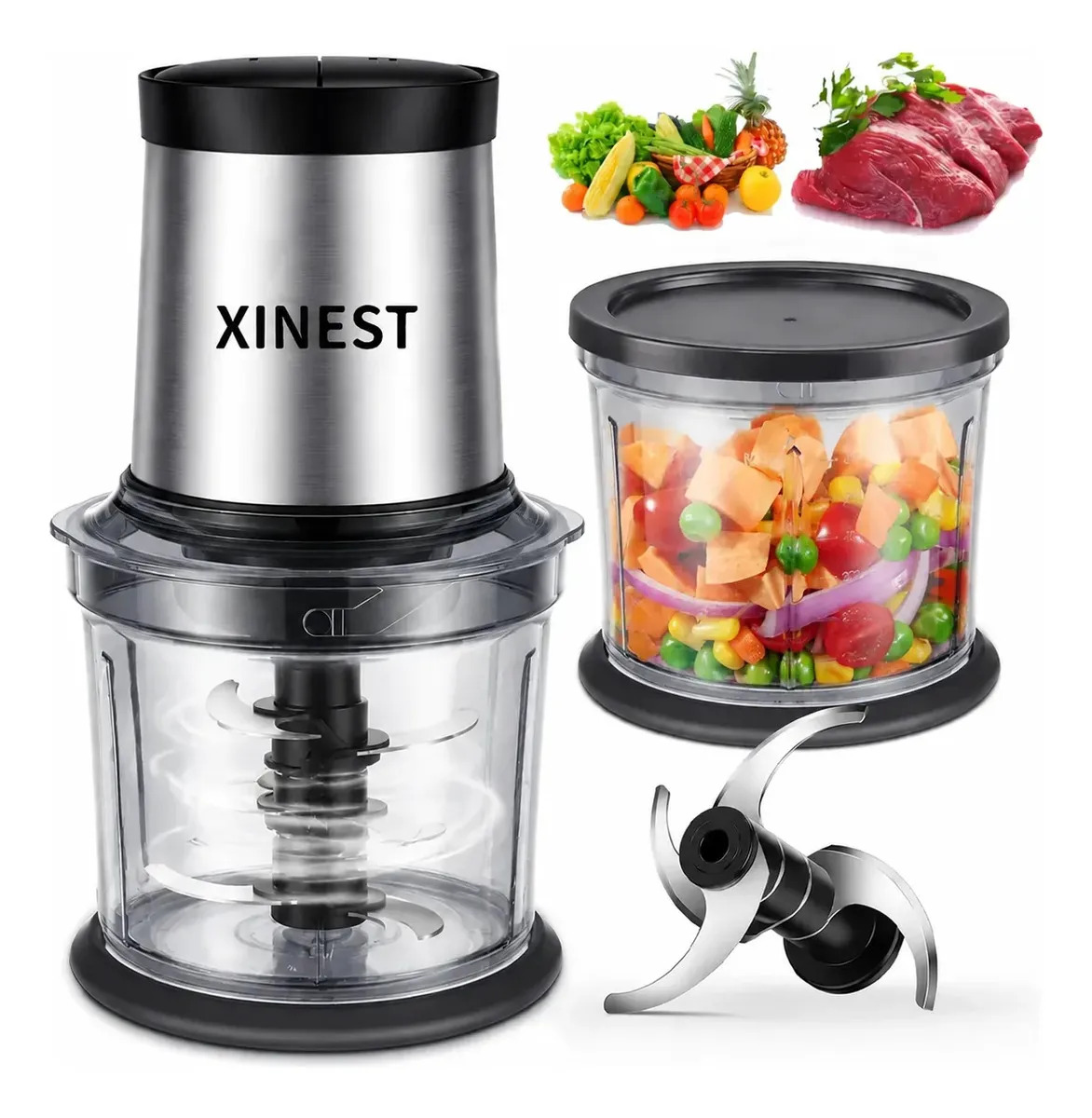 Xinest 1.8L Procesador De Alimentos Eléctrico Picadora de Carne y Molinillo de Verduras Cuchilla de 4 hojas + 2 vasos