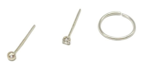 Pack 3 Piercing Nariz Bolita Circon Argolla 8 Mm Plata