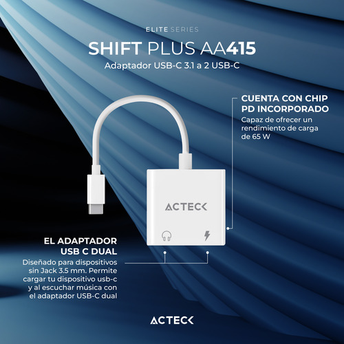 Adaptador Acteck Usb C 3.1 A 2 Usb C Aa415 Audio Y Carga