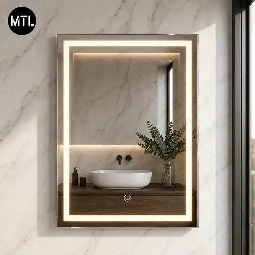 Espejo Baño LED Touch MTL Rectangular Luz Fría Bajo Consumo Montaje Pared Diseño Moderno Marco Minimalista Iluminación Maquillaje Tocador Dormitorio Hotel Decoración Elegante