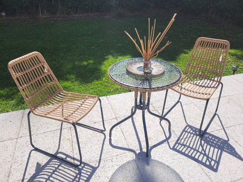 Juego Balcón Mesa 60 Cm Y 2 Sillas Rattan Estructura Negro