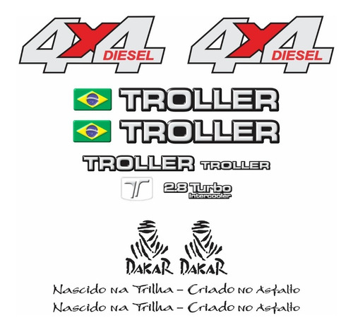 Kit Adesivos Emblema Troller T4 4x4 Diesel 2.8 Turbo Intercooler 2005 Completo Carro Vermelho Trl034