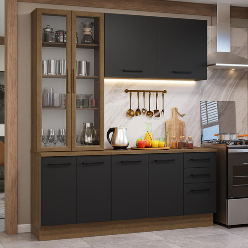 Armário Cozinha Completa 190cm Cristaleira Agata Madesa 01 Cor Rustic/Preto