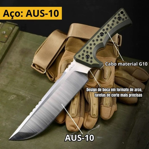Faca Tatica Full Tang Cabo G10 Lamina Aus-10 8mm
