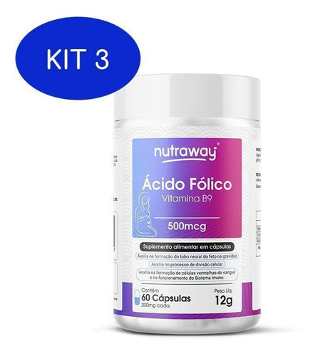 Kit 3 Vitamina B9 Acido Folico - 200mg - 60 Capsulas