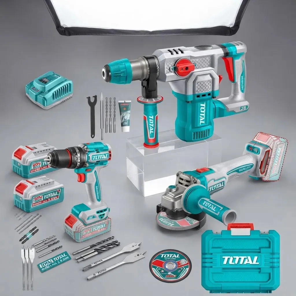 Kit Inalámbrico Total 20v Sin Carbones: Atornillador Percutor 86nm + Amoladora 4.1/2'' + Rotomartillo 4.5 J - Con 2 Baterías 5.0ah Litio-ion, Cargador 4a Accesorios -