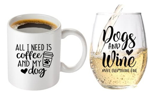 Set Regalo Para Mujeres Dog Mom: Taza De Café Y Copa De Vino