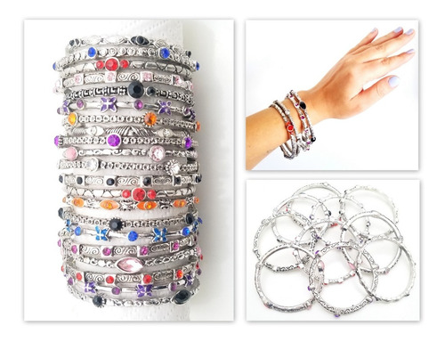 Pulseras Esclavas De Metal Y Strass, Bolsa X 12 Unidades