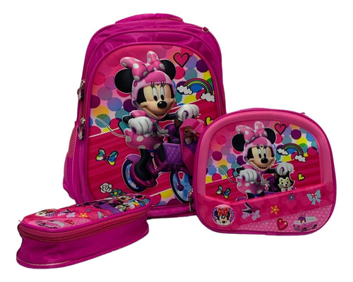 Kit X3 Maleta Morral Bolso Minnie Mouse+lonchera, Cartuchera