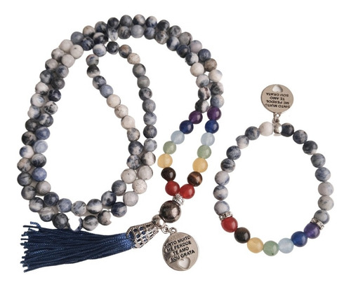 Kit Japamala 108 Contas Sodalita + Pulseira 7 Chakras Cor Azul-aço