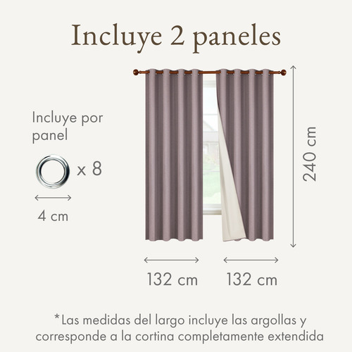 Cortina 100% Blackout 240x132 Engomada X2 Rosewood Tipo Lino Color Rosado