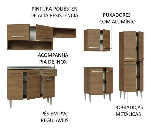 Armário De Cozinha Completa 293cm Com Pia Emilly Madesa 09 Cor Rustic
