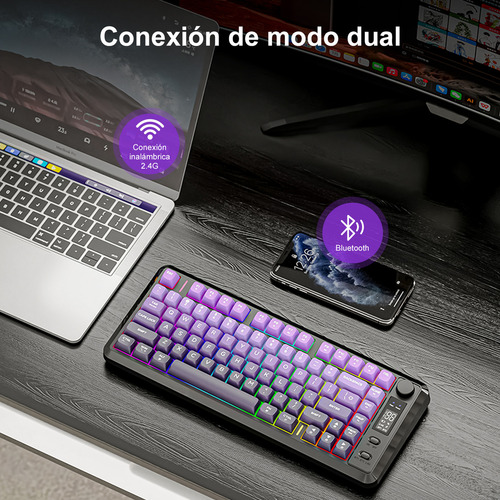 Teclado Free Wolf M75 Rgb Inalámbrico Bluetooth Con Pantalla Violeta