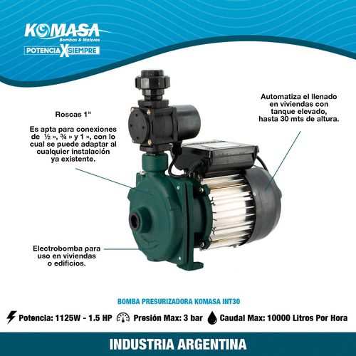 Bomba Inteligente Centrifuga Eleva30 Mts 1.5 Hp Int30 Komasa Color Plateado Fase eléctrica Monofásica Frecuencia 50 Hz