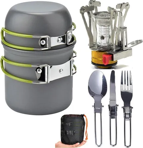 comprar  Mini Fogareiro + Conjunto Panela Camping 2 Peças+ Talheres