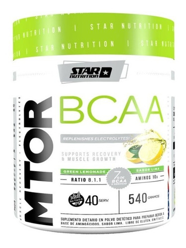 Suplemento en polvo Star Nutrition MTOR BCAA aminoácidos sabor Green Lemonade en pote de 540 Gr