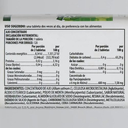Ajo Concentrado Nutrilite Apoyo Salud Cardiaca 120 Tabletas Sin Sabor