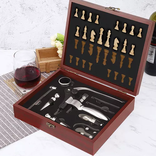 Case mini xadrez de madeira com kit vinho 17cm