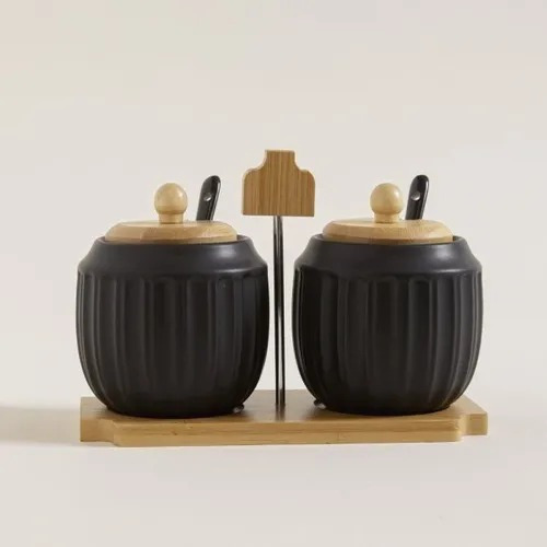 Set X2 Azucareras De Porcelana 2 Cucharas Base De Bamboo Color Negro