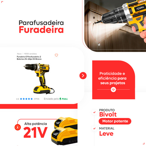 Parafusadeira Furadeira De Impacto Profissional Com 21v Com Maleta E 2 Baterias 127/220v 60hz Amarelo E Preto