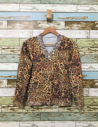 Suéter Feminino Decote V De Lã Estampa Animal Print 