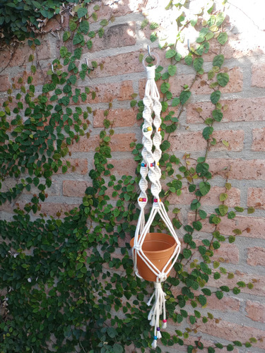 Porta Maceta Colgante Macramé Blanco Adn Cuentas