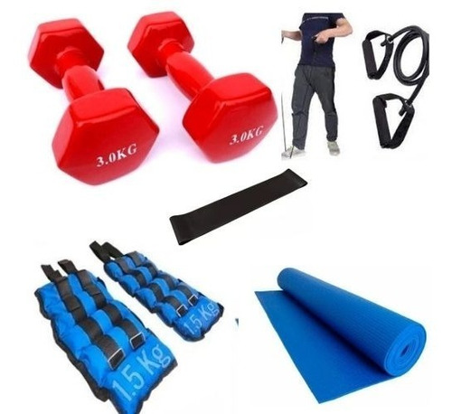 Kit Ejercicio Entrenamiento 5 Art. Pesa Banda Mancuerna 3 Kg