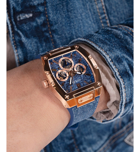 Reloj Phoenix Guess Caballero Azul Correa Azul Marino Bisel Azul Marino Fondo Oro Rosa