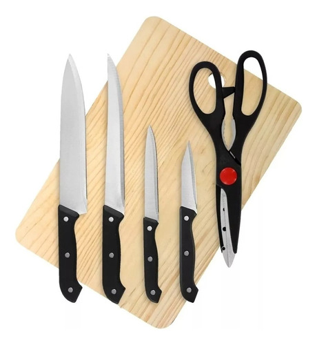 Set 4 Cuchillos + 1 Tijera+ Tabla Madera Para Cocina Hogar