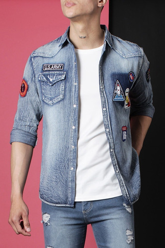 Imagen 4 de 6 de Camisa M/larga De Jean Cparches Slim Fit Hombre No End 37151
