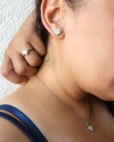 Collar Para Mujer Aretes Dije Cadena De Acero Corazón Juego Plateado