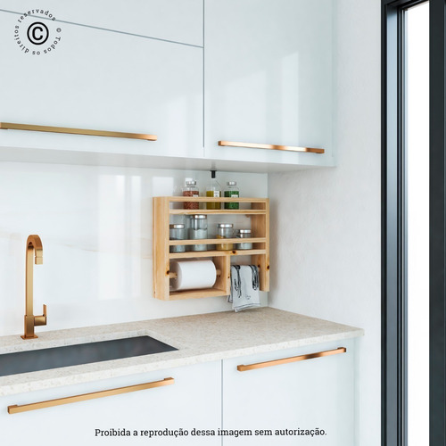 Imagem 3 de 7 de Prateleira Porta Temperos E Papel Em Madeira Para Cozinha