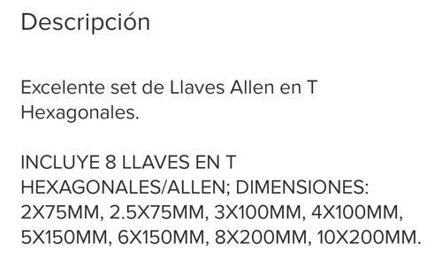 Set 8 Llaves Allen Mango En T De 2 A 10 Mm Ingco Hhkt8081