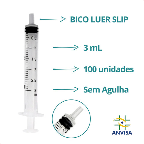 Seringa 3ml 100un. Bico Luer Slip Sr Descartável - S/ Agulha