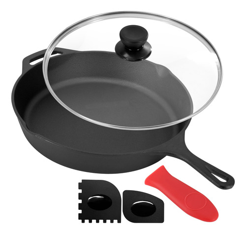 Sartén De Hierro Fundido Pre-sazonado 30 Cm Con Tapa Vidrio
